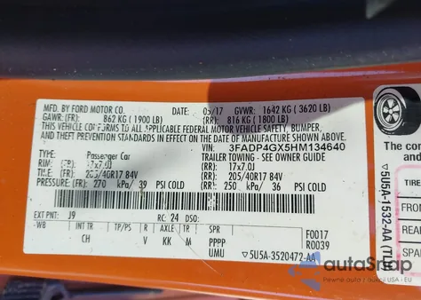 2017 Ford Fiesta St z USA, uszkodzony, nr VIN 3FADP4GX5HM134640